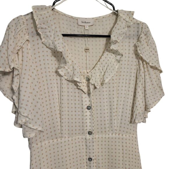 Bohme Ruffle Neck Polka Dot Flutter Sleeve Button Front Boho Midi Dress, L NEW - Picture 4 of 16